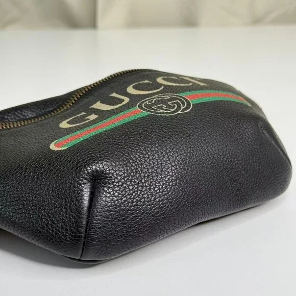 Gucci Black Leather Printed Bum Bag with Green & Red Stripes and Gold Hardware - Picture 6 of 8